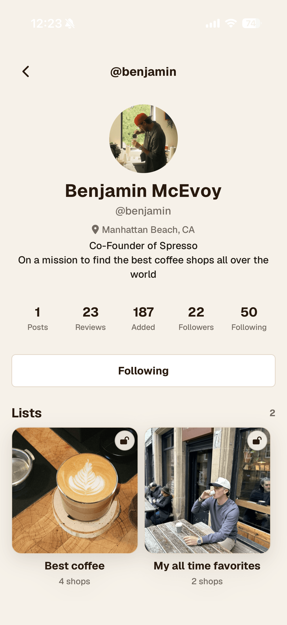 Benjamin's public Spresso Club profile
